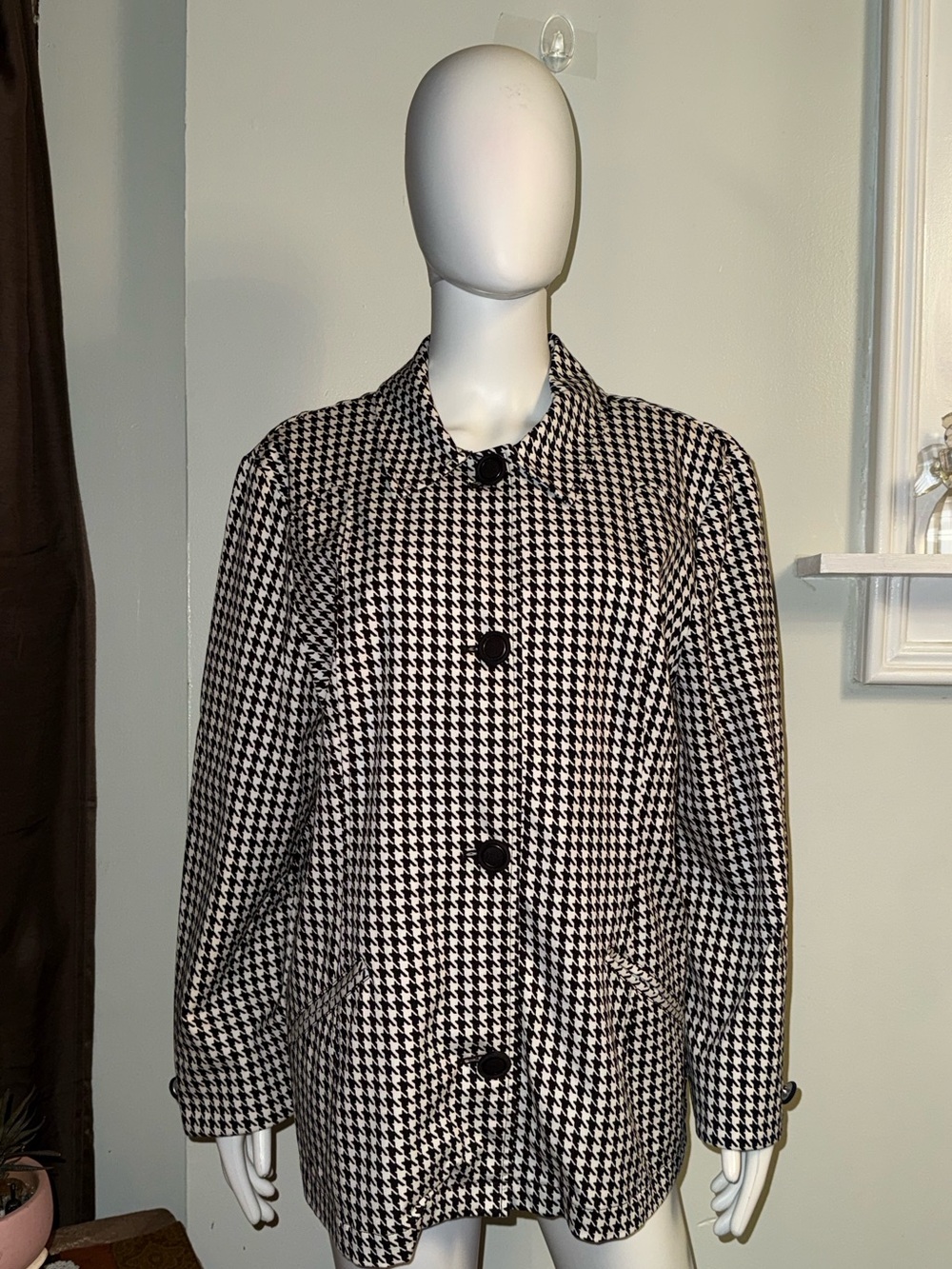Chico's Black & White Houndstooth Pea Coat